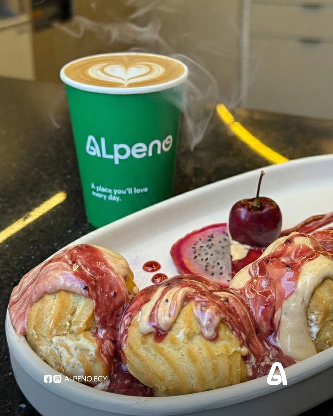 Alpeno meal and drink on a cafe table